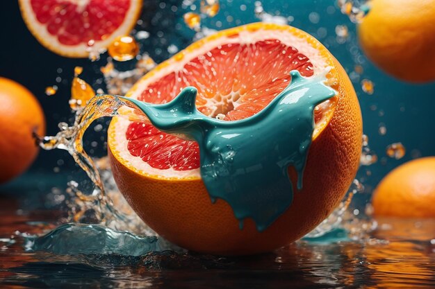 Media naranja cae sobre un fondo azul con gotas de agua