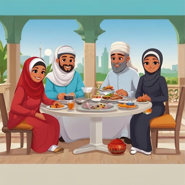Mediano tiro a la familia islámica en la mesa