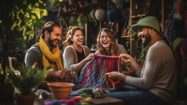 Mediano tiro de personas sonrientes tejiendo juntas