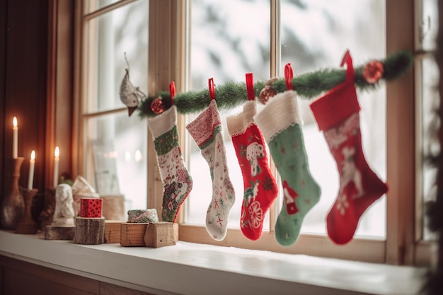 Medias navideñas colgadas en una ventana con nieve en el suelo