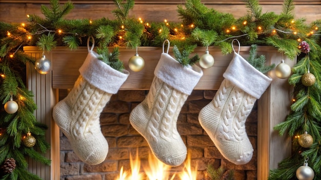 Medias navideñas colgando sobre una chimenea.