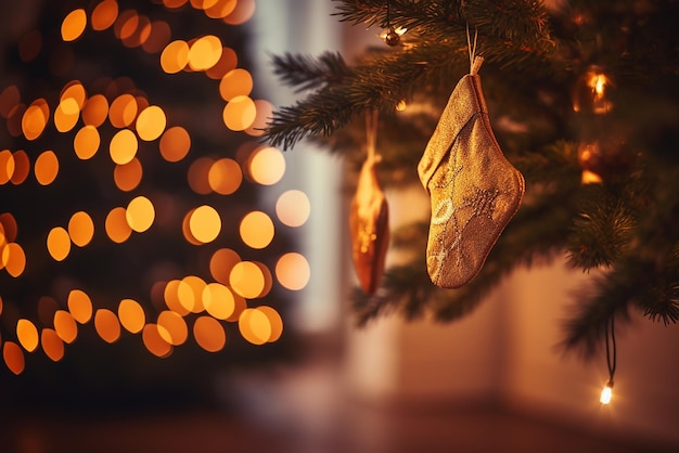 Medias para las vacaciones de invierno colgando en el árbol de Navidad atmósfera festiva