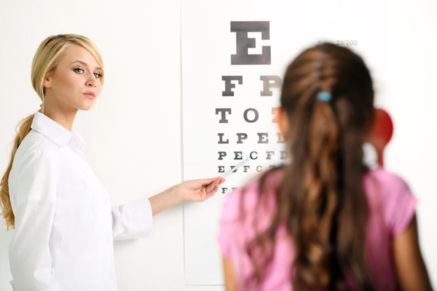 Médica adulta examinando uma pequena paciente