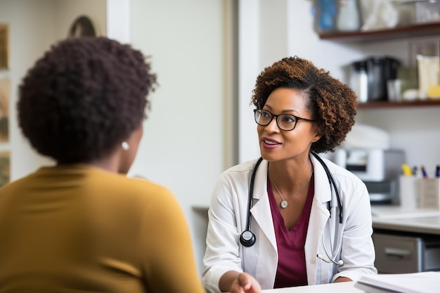 Médica afro-americana e paciente têm consulta médica na clínica