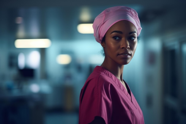 Foto médica afro-americana sorrindo com confiança enquanto está de pé com os braços cruzados em terno rosa