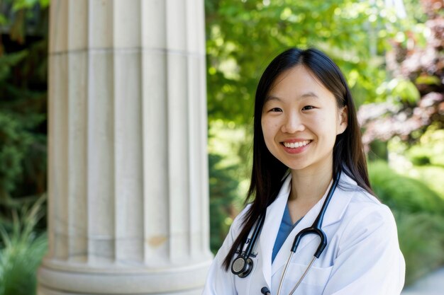 Médica asiática con abrigo blanco y estetoscopio