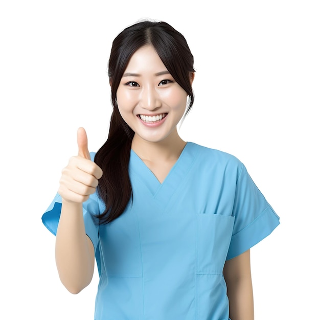 Médica asiática mostrando polegares para cima isolado em fundo branco ou transparente Imagem gerada por IA