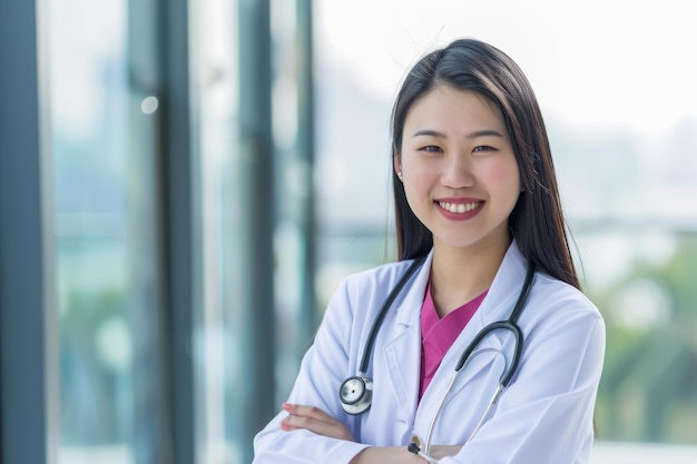 Médica asiática sonriente con abrigo blanco y estetoscopio en un hospital