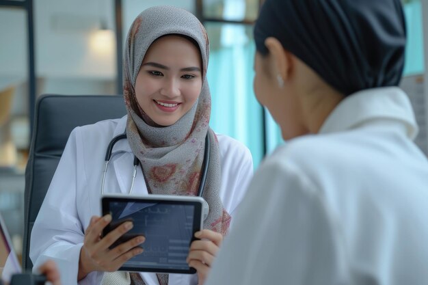 Foto médica asiática sonriente en hijab mostrando la pantalla de la tableta digital al paciente explicando los resultados del examen examen médico dando consulta en la cita