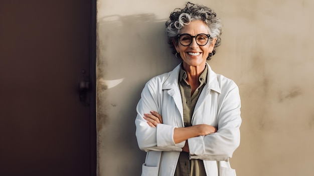 Médica caucasiana de meia-idade com braços cruzados fica contra a parede, criada com tecnologia Generative AI