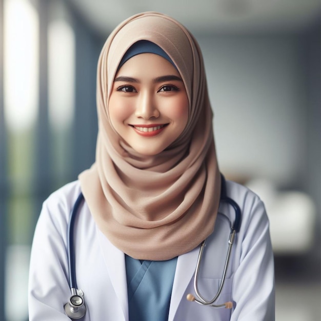 Médica chinesa de hijab irradiando calor e compaixão