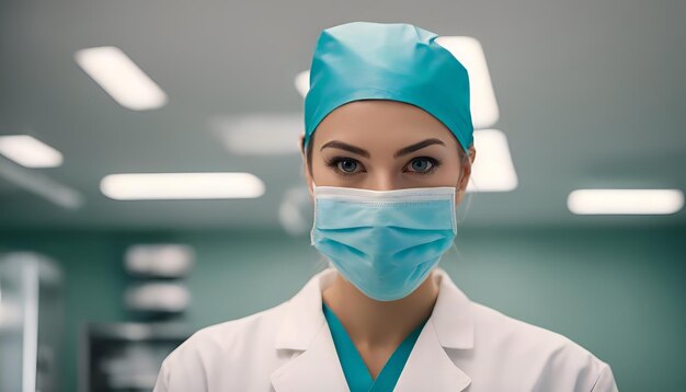 Foto médica com máscara de proteção e roupão de pé no corredor do hospital