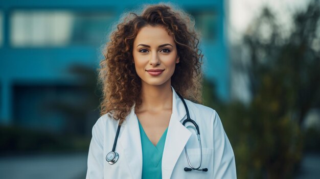 Médica confiante posando contra um fundo azul de ia generativa