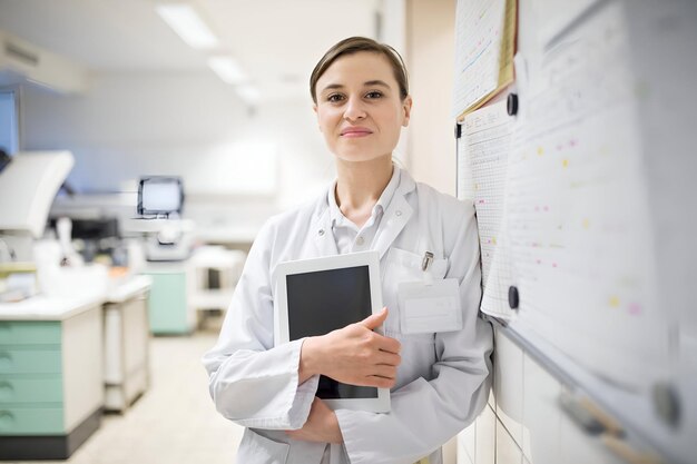 Foto médica confiante segurando um tablet digital