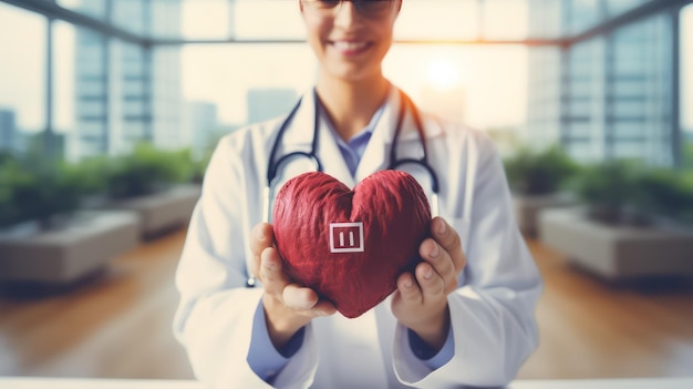Médica con un corazón rojo en las manos Cuidado de la salud y concepto médico