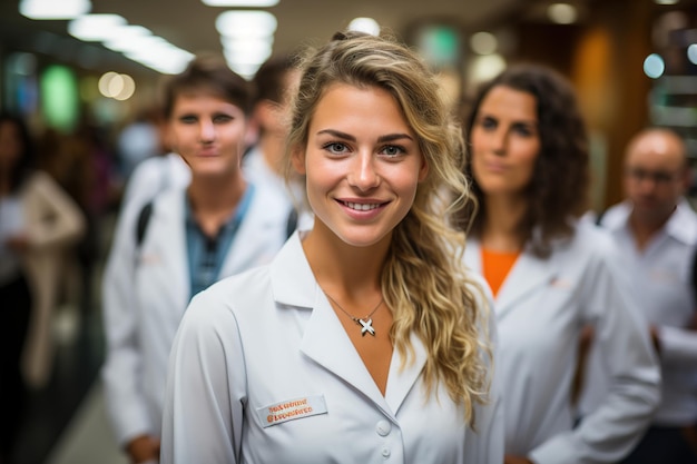 médica de laboratório sorrindo para a câmera com seus colegas ao fundo