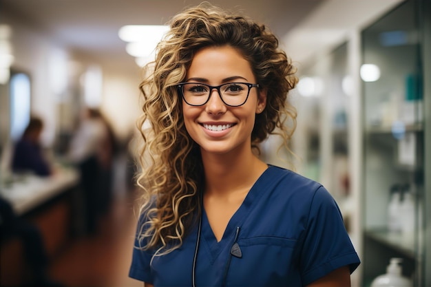 Médica de óculos sorrindo no retrato da clínica