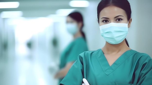Médica dedicada que usa una máscara quirúrgica durante un procedimiento médico de precisión