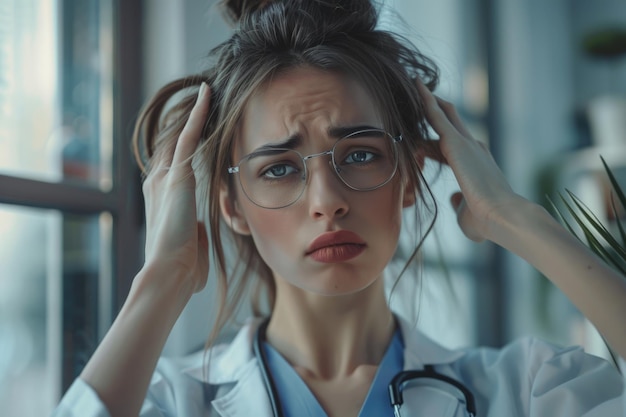 Médica estresada con dolor de cabeza en la oficina del hospital