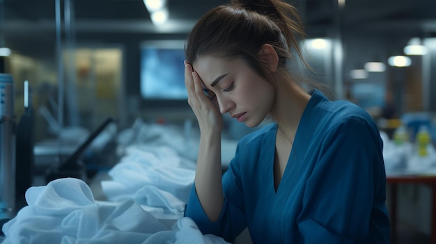 Médica estressada e desapontada depois de uma operação mal sucedida na sala de cirurgia do hospital