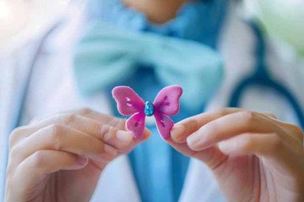 Médica examinando una mariposa rosada