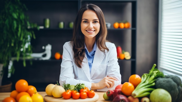 Foto médica haciendo receta o escribiendo un plan de dieta sentada en un escritorio con frutas frescas