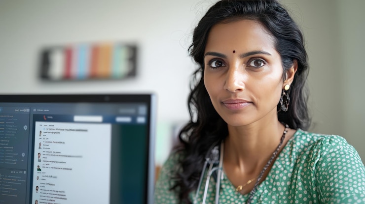 Foto médica india durante una consulta por videoconferencia en línea