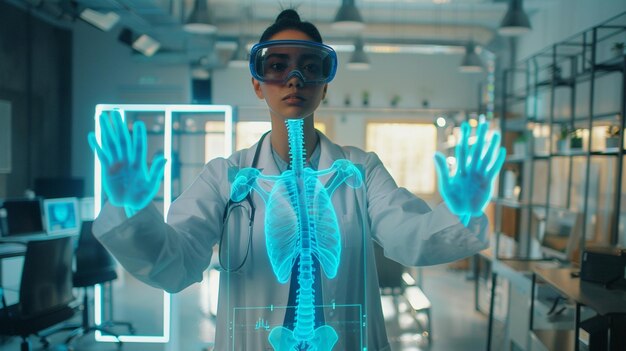Médica inteligente usando análisis de vidrio VR y aprendiendo el cuerpo humano holograma del cuerpo humano en la parte delantera