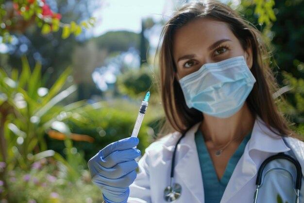 Foto médica con jeringa en el jardín del hospital con máscara