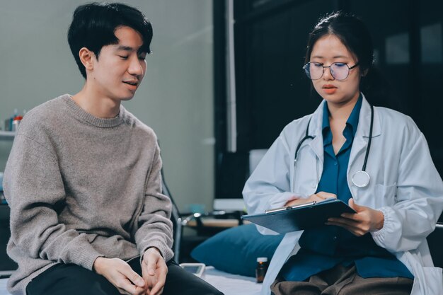Médica lê a história médica enquanto visita seu paciente
