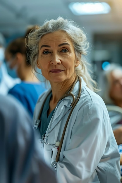 Foto médica madura confiada con estetoscopio en un entorno hospitalario mirando hacia la cámara