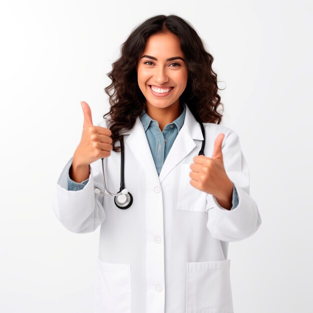 Foto médica mujer sonriendo en túnica médica con los pulgares hacia arriba mujer aislada en fondo blanco