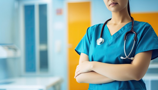 Médica o enfermera con estetoscopio de pie en el pasillo del hospital