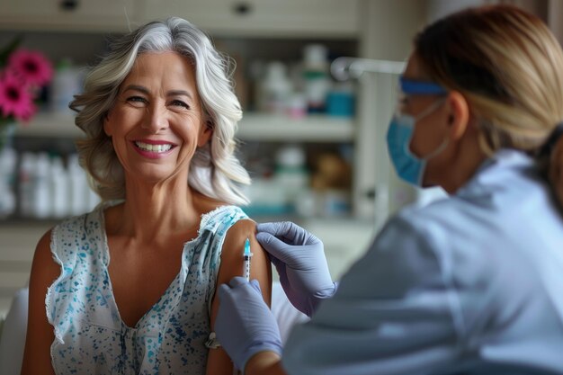 Foto médica ou enfermeira a dar uma vacina a uma mulher idosa ombro vacinação e prevenção