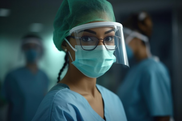 Médica ou enfermeira focada em óculos e máscara médica olha fixamente para a câmera na clínica Generative AI