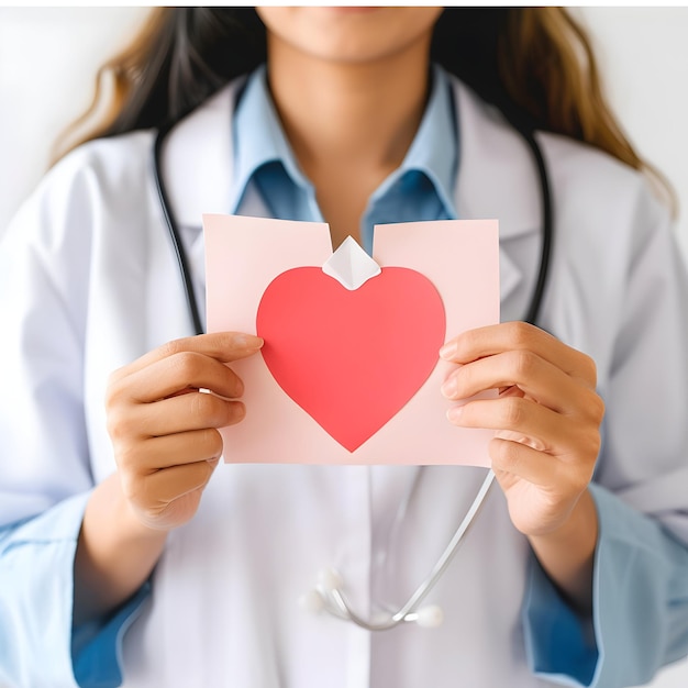 Médica con un papel vacío cortado en el corazón para el diseño del post del día de la salud