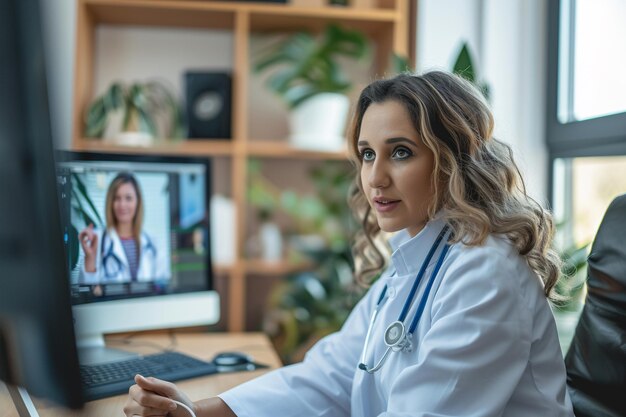 Médica preocupada durante una consulta en línea con IA generada