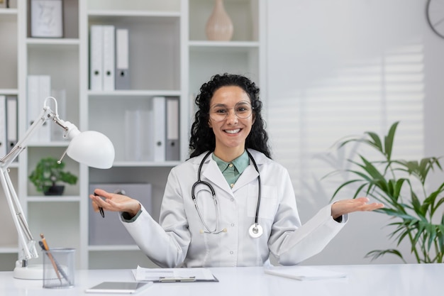 Una médica profesional hispana está participando en una consulta por videoconferencia en una oficina bien iluminada