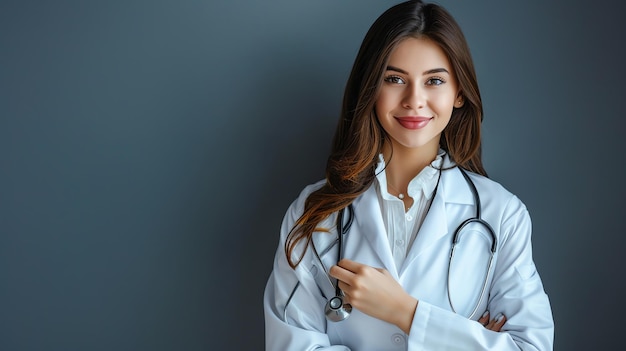 Médica segura con estetoscopio con abrigo blanco sonriendo y de pie contra un fondo oscuro Retrato médico profesional