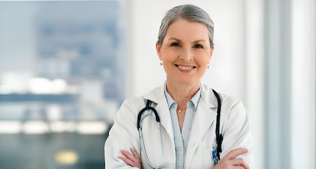 Médica sênior e sorriso retratado para aconselhamento com estetoscópio para cardiologia na clínica