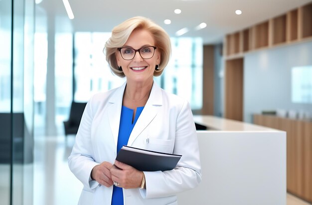 Médica senior de pie en el pasillo de una clínica médica moderna y brillante sonriendo mirando a la cámara