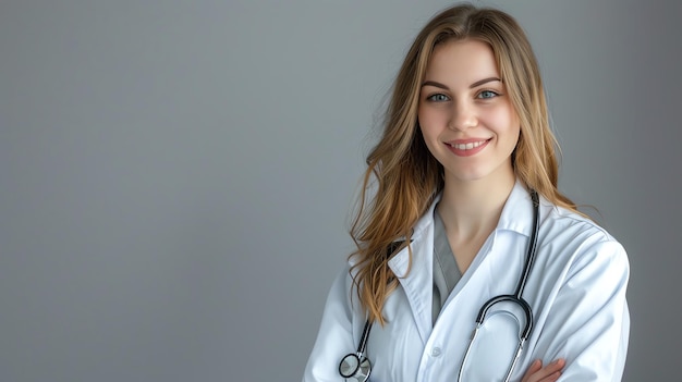Médica sonriente en bata blanca con estetoscopio aislado en fondo gris que representa la atención médica y la profesión médica