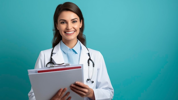 Foto médica sonriente sosteniendo registros médicos un espacio de copia de fondo de color