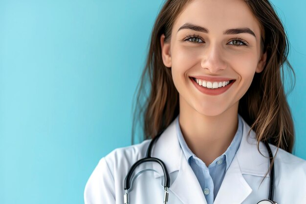 Foto médica sorridente com estetoscópio e estetoscópio no peito enfermeira atenciosa