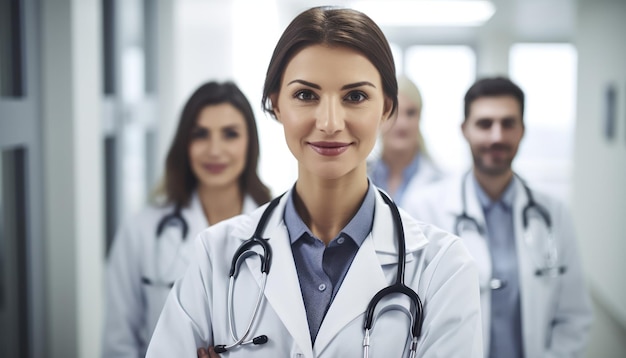 Foto médica sorridente em pé com colegas médicos