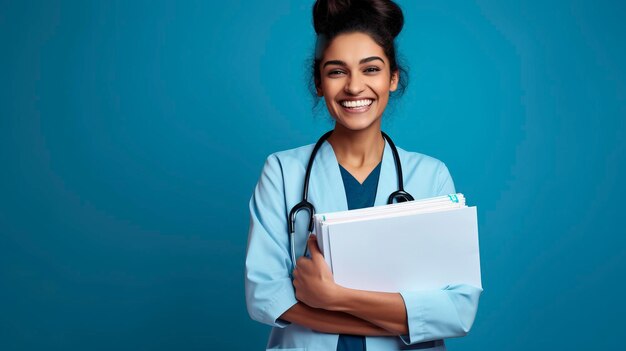 Foto médica sorridente segurando registros médicos um espaço de cópia de fundo de cor