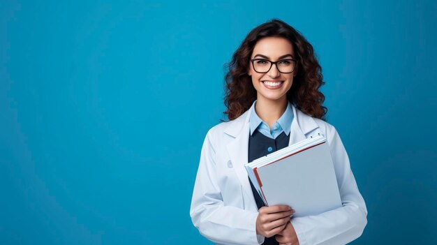 Foto médica sorridente segurando registros médicos um espaço de cópia de fundo de cor