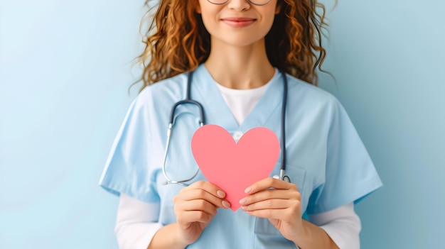 Médica con y sosteniendo un corazón cortado en papel vacío para el diseño del post nacional del día del médico