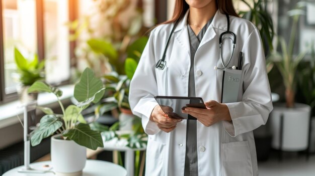 Médica usando una tableta para una infografía virtual en un hospital sobre un fondo blanco