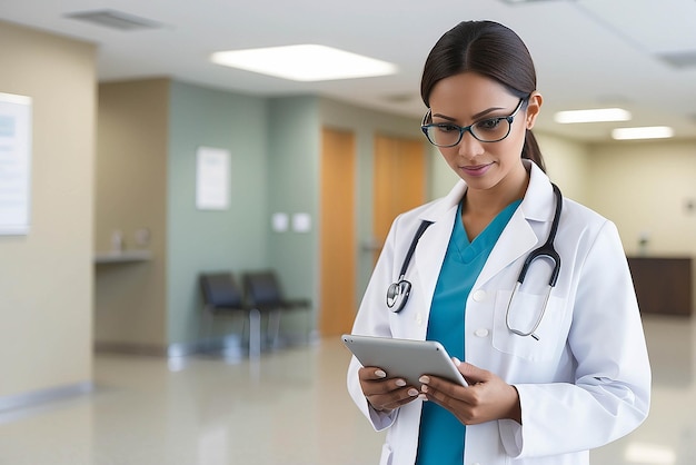 Médica usando um tablet no lobby do hospital